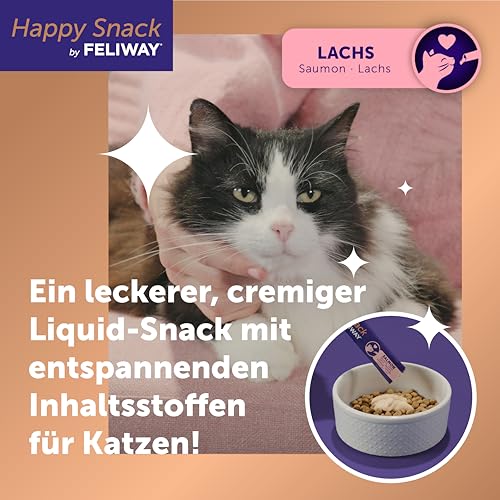 Happy Snack by FELIWAY, Lachs Geschmack, leckerer, beruhigender Leckerbissen, 6 cremige Snacksticks - Hilft Katzen, Sich enspannter zu fühlen, Entspannung zum Snacken
