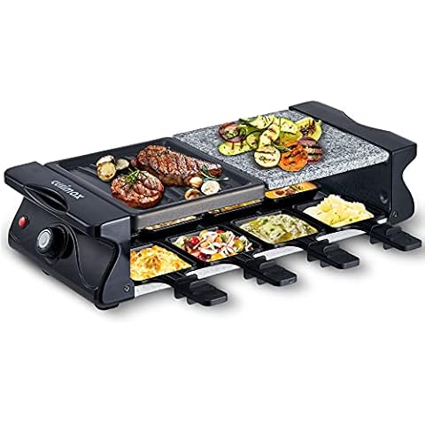 CUSIMAX Raclette Grill für 8 Personen Steinplatte und Grillplatte Antihaftbeschichtung Cover