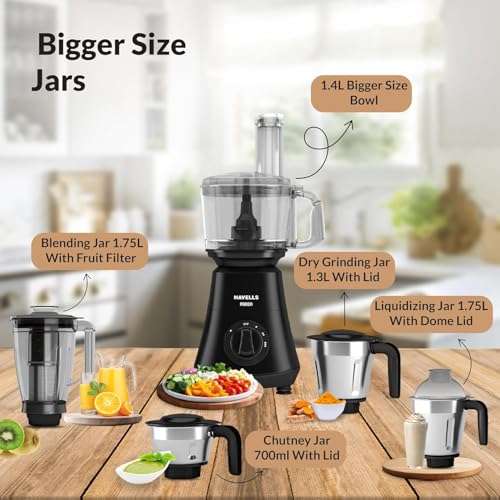 Image of Havells Foodo Heavy Duty 750 Watt Hours 5 Jar Food Processor|Attachement Box For Attachment Storage|Flow Breaker Jars|21000 Rpm|2Yr Product&5Yr Motor Manufacturer Warranty,Black
