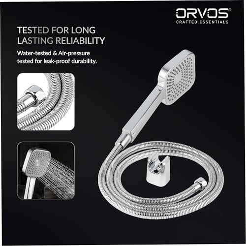 Image of Orvos Hand Shower Single Mode - Matrix, Square 4x4 inches, Chrome Plated With High Grade Korean ABS material from LG, Light Grey and Chrome Color,1.5 to 1.8 Meter Extendable Shower Hose and Wall Hook