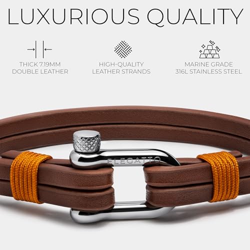 Elegatto Kellmore Premium Leather Bracelet for Men | Double Full-Grain Leather with Silver Polished Stainless Steel Shackle Closure | Men’s Designer Bracelet3