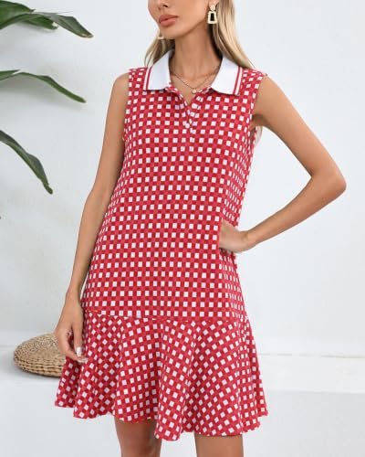 Image of YEXPINE Women's Sleeveless Polo Dress Ruffle Hem Lapel V Neck T-Shirt Summer Mini Dresses