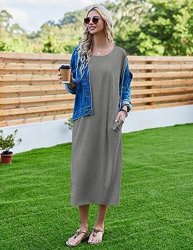 Image of Ekouaer Women's Nightgown Short Sleeve Sleepshirt Long Loungewear Casual Maxi Lounge Dress House Dresses with Pockets