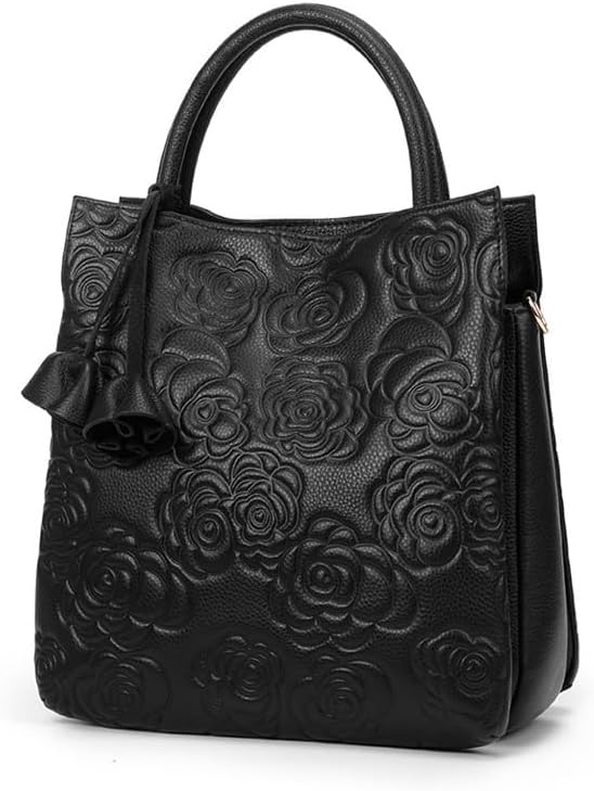 Genuine leather cowhide women's handbag rose camellia embossed large capacity detachable shoulder strap storage tote bag
