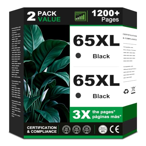 Image of 65XL Black Ink Cartridges Replacement for HP Ink 65 XL Envy 5055 HP65XL ink | HP65 High-Yield for 5000 5052 5010 5070 5014 3755 3700 3772 3722 2600 3752 2652 2655 2622 2640 Printers (2 Black Combo Pack)