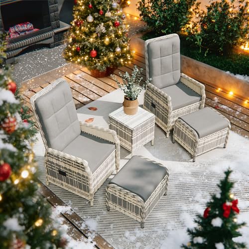 Gotland Rattan Gartenmöbel Set Lounge Möbel Outdoor, Verstellbares 2-Sitzer Terrassenmöbel Außen mit 118° Rückenlehne & Fußhocker, Hochwertige Polster & Glastisch, Wetterfest (Grau)