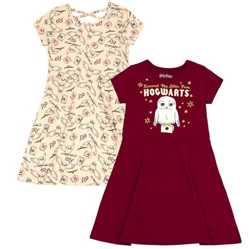 Harry Potter Hogwarts Hedwig Big Girls 2 Pack Skater Dresses Maroon/Beige 10-12
