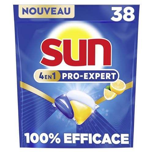 Sun - Pro Expert - Pastilles Lave Vaisselle - Action 4 en 1 - Citron - Elimine 100% des taches brûlées de +72h - dégraissent en Profondeur - 38 Capsules