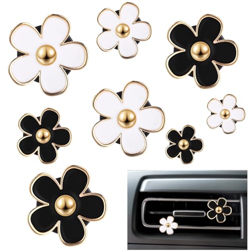 Flower Car Air Freshener Vent Clips, 8 PCS Cute Daisy Flower Car Accessories for Women, Alloy Air Vent Clips with Fragrance Pads Decorations Interior Aesthetic (white,black, one size)