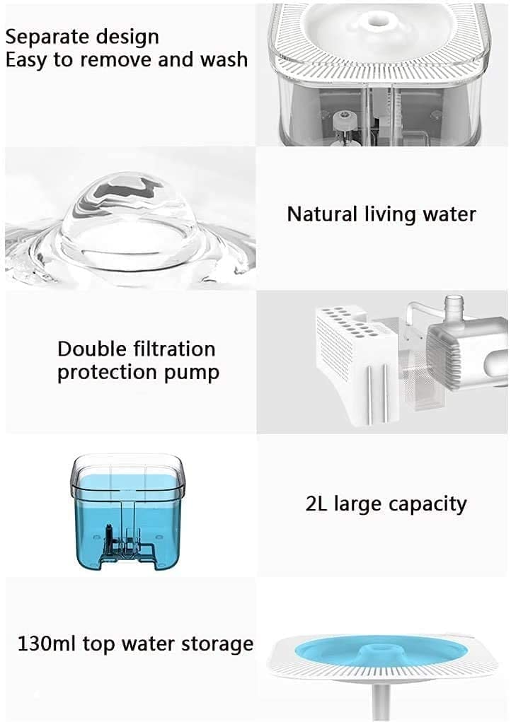 Cat Water Fountain, 2L/ Pet Water Fountain，Filters and Quiet Intelligent Pump, Cat Water Dispenser ，Mat for Cats Dogs - image 5