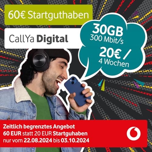 Vodafone Prepaid CallYa Digital: 30 GB, 60 EUR startkredit, 5G