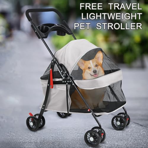 2in1 Hundewagen, Hundebuggy mit 1 Getränkehaltern, Hundebox Transporttasche Faltbar klappbar mit Feststellbremse, Bollerwagen für Hunde, 48 cm * 68 cm * 95cm (Grau)