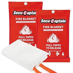 SecuCaptain Emergency Fire Blanket for Home and Kitchen – 2 Pack 40″x40″ Flame Suppression Fiberglass Fire Blankets for House Camping Car Office Warehouse Emergency Survival Safety