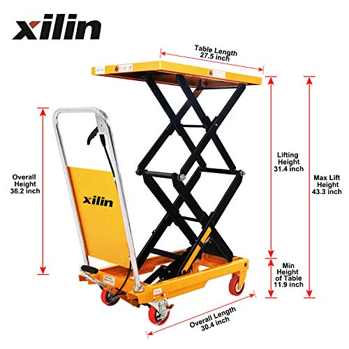 Xilin Manual Hydraulic Lift Table Cart Double Scissor 330lbs Capacity 43.3\" Lifting Height Material Handling