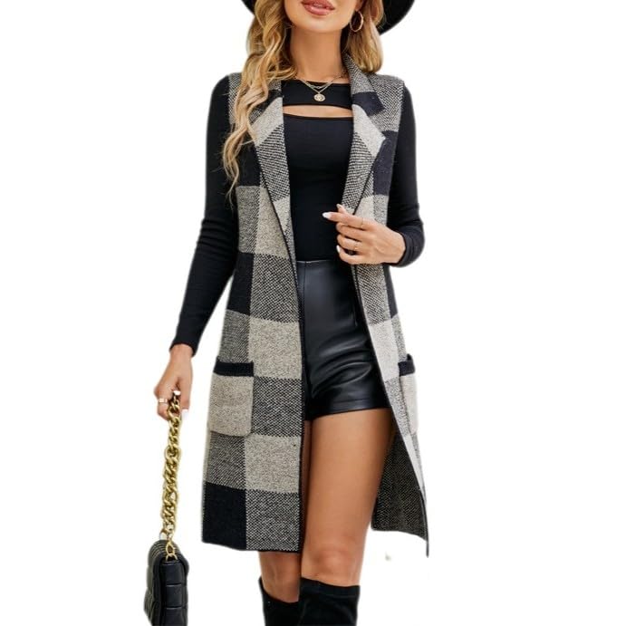Womens Sleeveless Long Cardigans Plaid Sweater Vest Knitted Open Front Jackets with Pockets