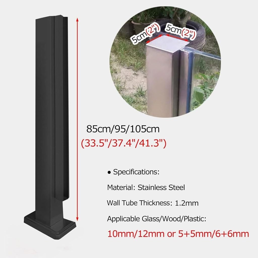 Befestigungsstange für Glaszäune, Schwarze Glasgeländerpfostenklemme für Pool-/Terrassen-/Außenzäune, Edelstahl-Balkongeländerpfosten (Eckpfosten, 85 cm/33,5 Zoll)