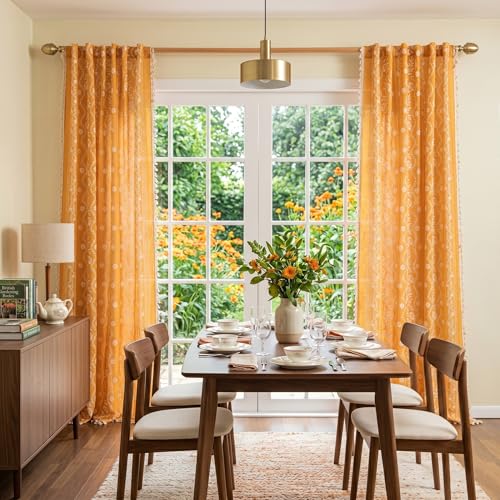 Image of MYSKY HOME Boho Floral Curtains 108 Inch Long for Living Room Golden Yellow | Linen Light Filtering Bohemian Vintage Farmhouse Semi Sheer Drapes for Dining Room with Tassels Back Tab, 50 inch Wide, 2 Panels