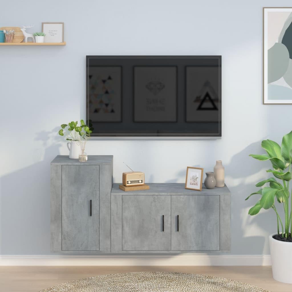 2-TLG. TV-Schrank-Set Betongrau Holzwerkstoff, Wandmontage, Modernes Media-Center für Wohnzimmer, Schlafzimmer, 80/40 cm Breite, Stauraum