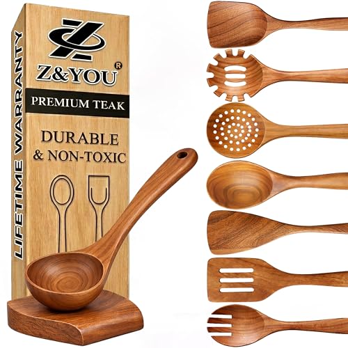 9-Piece Teak Wooden Utensil Set &ndash; Wooden Spoons for Cooking with Spoon Rest, Wooden Spatula, and...