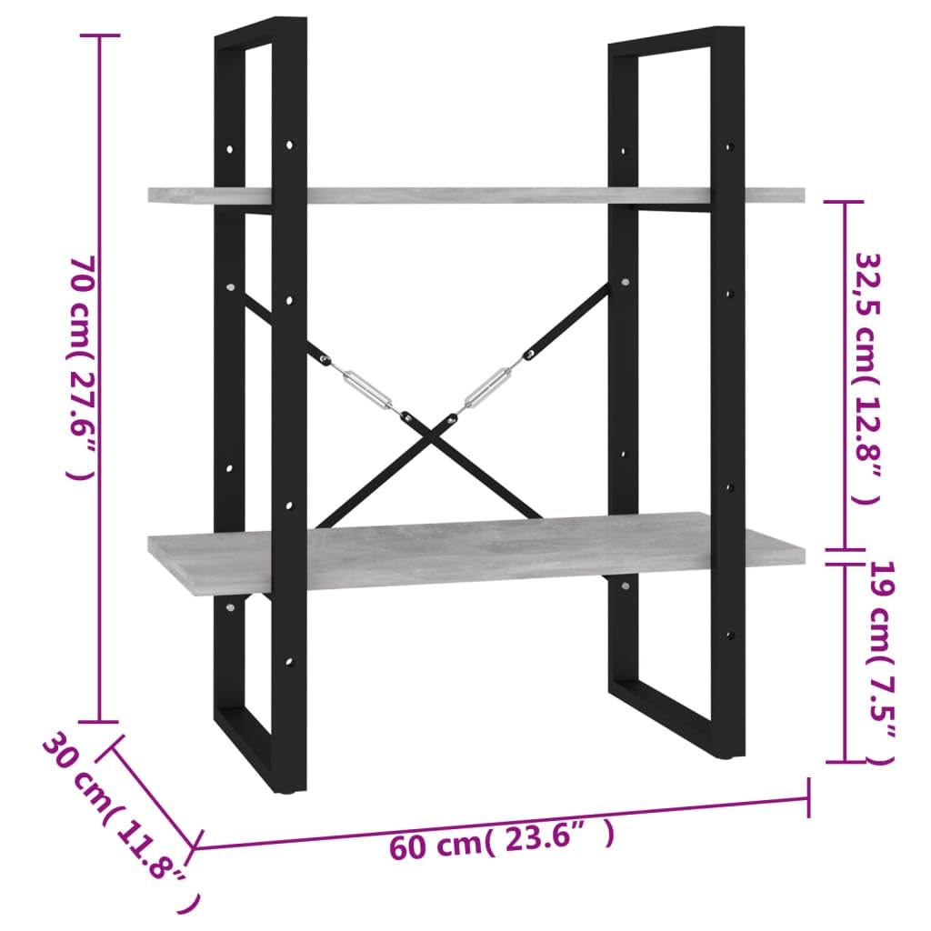 Estantería con 2 compartimentos, color gris hormigón, 60 x 30 x 70 cm, material de madera, estantería de pie con aspecto industrial, estantería moderna para salón, resistente y fácil limpieza