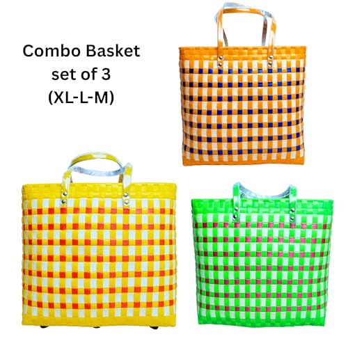 Image of Hand Made Multipurpose Plastic Basket with Lid | Eco-Friendly, Washable, Rust-Free Storage Basket for Kitchen, Picnic, Toys, Travel, Office | Lightweight basket (COMBO 4, SET OF 3 (XL-L-M))