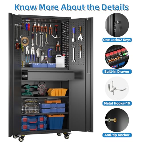 Image of 71 inchH Garage Storage Cabinet with Wheels, Drawer, Pegboard and 16 Hooks, Metal Storage Cabinet with Locking Doors and 2 Adjustable Shelves for Garage, Warehouse, Home, Black, Assembly Required