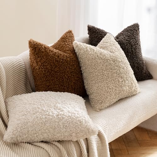 Neutral Oatmeal Faux Fur Throw Pillow Covers for Boho Home Decor - Pack of 2
