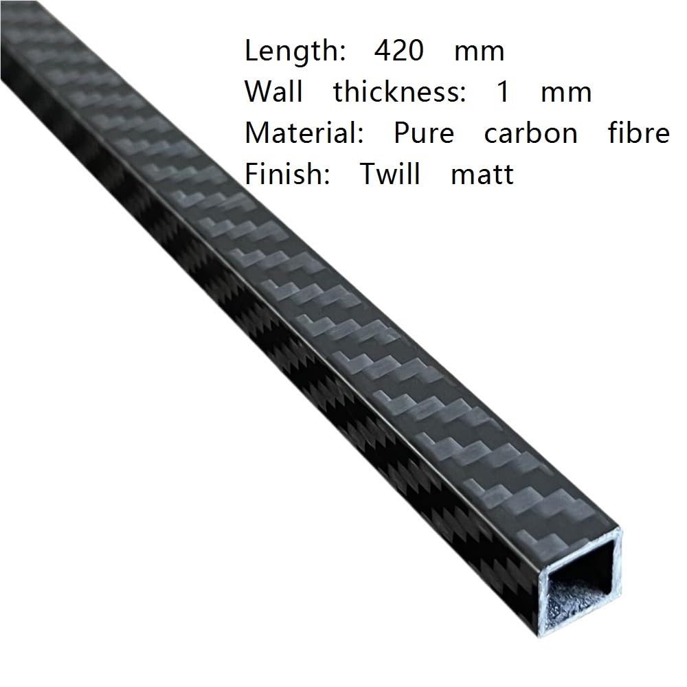 Tubo quadrato in fibra di carbonio, 1 pezz0, finitura opaca, 420 mm, asta cava in twill avvolta in rotolo 3K, spessore parete 1 mm(25x25x600mm)