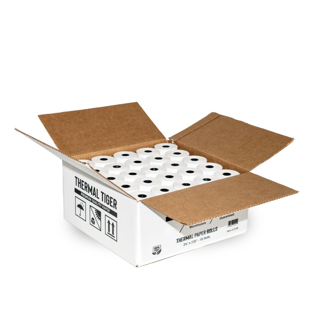 Thermal Tiger Papel térmico de 3 1/8 x 230 pulgadas (50 rollos/caja), sin BPA, compatible con más de 60 modelos de impresora, imágenes negras nítidas, apto para caja registradora POS, ajuste preciso