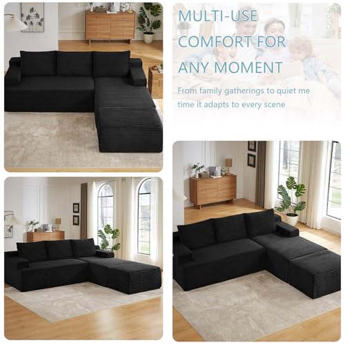 Image of 96 inch W Cloud Sectional Couch with Ottoman,Modern U-Shaped Cloud Couch with Side Pockets,Comfy Corduroy Sofa,Memory Foam Sofa for Living Room,No Assembly (Black,Right-Facing Chaise)