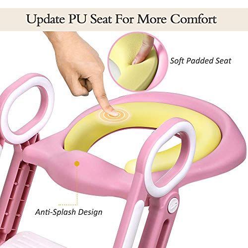 Mangohood Potty Training Toilet Seat with Step Stool Ladder for Boys and Girls Baby Toddler Kid Children Toilet Training Seat Chair with Handles Sturdy Wide Step (Pink White Upgrade Pu Cushion) - Thumbnail 2