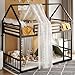 LIKIMIO Bunk Bed Twin XL Over Twin XL, Metal Bunk Bed Frame with Ladder and Guardrail, House Shaped with Metal Slats for Dormitory and Bedroom, Space Saving, No Box Spring Needed, Black