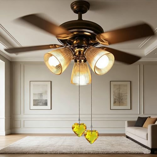 Image of 2Pcs Crystal Ceiling Fan Pull Chain Extender with Connector, 12 inch | K9 Crystal Glass, Not Acrylic, Heart Prism, Cut-To-Length Adjustable, Snap-On Connector For Fan, Light, Lamp (Yellow)