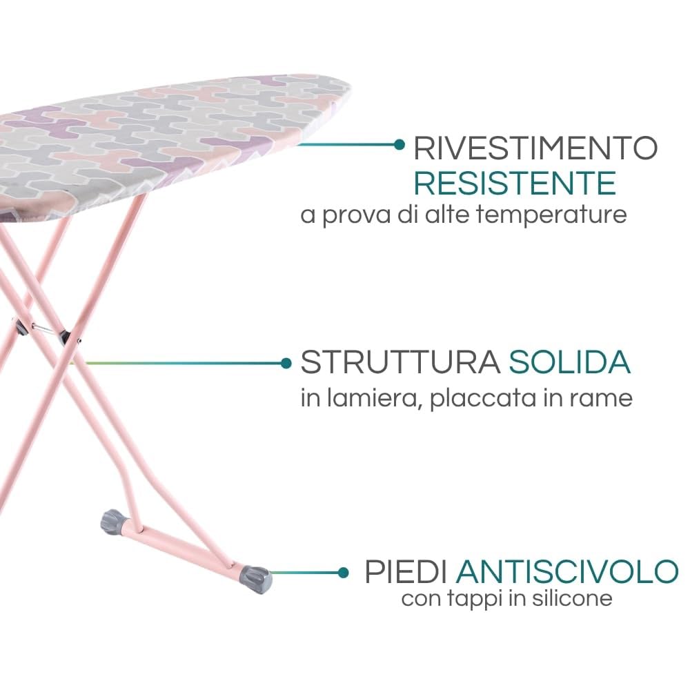 Paluplus Asse da Stiro Pieghevole, Misura 137X37 cm, Altezza Regolabile in diverse Posizioni, Tavola da Stiro Salvaspazio con copriasse e Poggia Ferro da Stiro -648F (Lilla e Rosa)