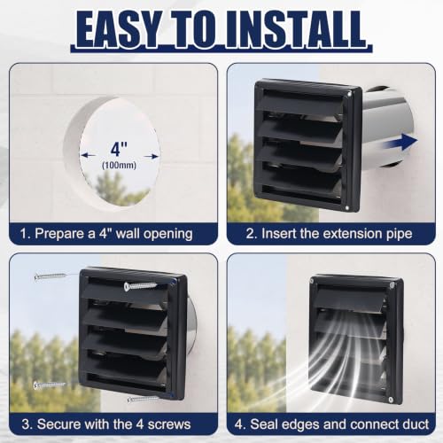 Image of Shimeyao Wall Vent Cover Stainless Steel Outside Dryer Vent Covers for House Exhaust Duct Kit with Removable Extension Pipe 8 Inch and 4 Screw for House Outdoor Extended Air Pipe (4 inch,Black)