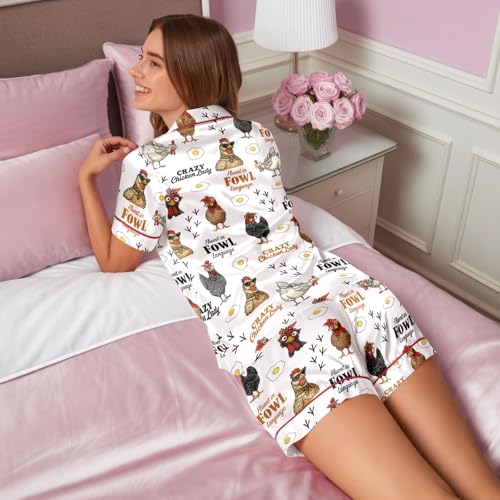 Image of HUNTFAMI Womens Soft Silky Satin Pajamas Set, 2 Pcs Sleep Short Pajamas for Mom and Grandma Button Down Summer Loungewear
