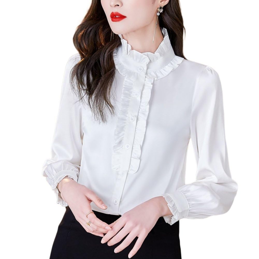 Langarm Satin Seidenhemden Für Damen,Weiße Strickjacke Mit Rüschenknöpfen,Jacke,Bluse,Oberteil,Lässig,Elegant,Schick,Arbeitsoberteile,Stilvolle Hemden