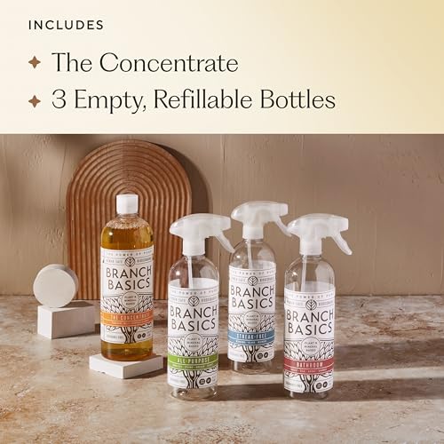 Branch Basics Cleaning Essentials Kit: All Purpose, Glass and Bathroom Cleaner - Concentrate (33.8 Oz) (17 Refills) + Refillable Plastic Spray Bottles (24 Oz) Plant Based, Human-Safe, & Fragrance Free