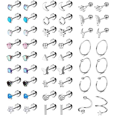 Dochais 25 Pairs Surgical Steel Stud Earrings for Women Multipack Cartilage Earring Opal Moonstone Turquoise Butterfly Flower Star Flat Back Earrings Silver (A1-Silver 25 Pairs) Cover