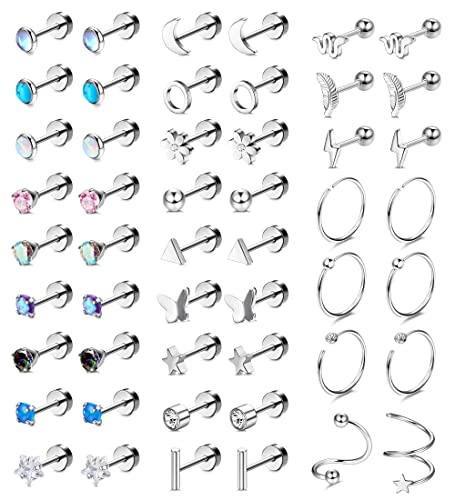 Dochais 25 Pairs Surgical Steel Stud Earrings for Women Multipack Cartilage Earring Opal Moonstone Turquoise Butterfly Flower Star Flat Back Earrings Silver