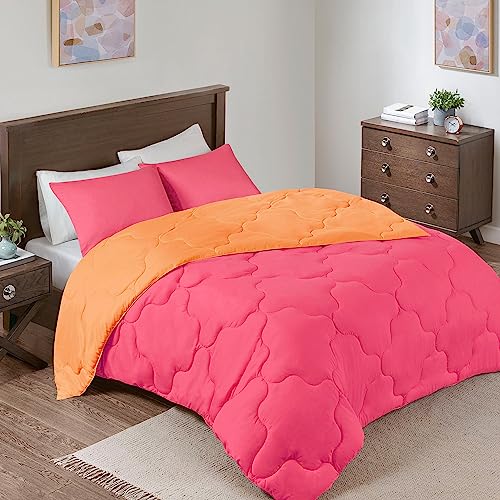 Image of Comfort Spaces Vixie Reversible Comforter Set - Trendy Casual Geometric Quilted Cover, All Season Down Alternative Cozy Bedding, Matching Sham, Pink /Orange, Twin /Twin XL 2 piece