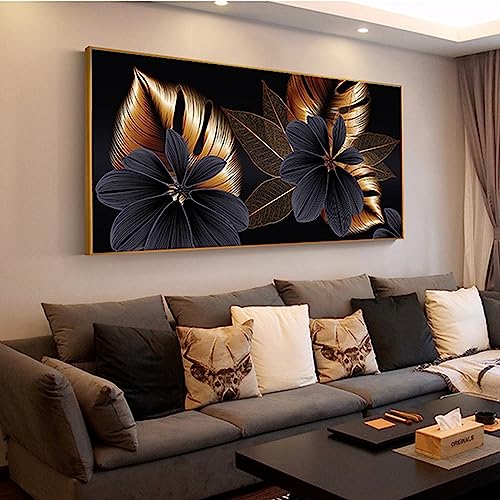Peinture abstraite rétro noir et doré sans cadre 60x120