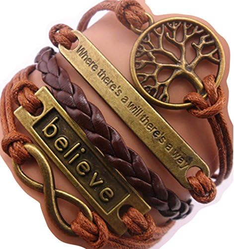 Handmade "Where There's a Will There's a Way" Tree for Life Believe Charm Friendship Gift Leather Bracelet