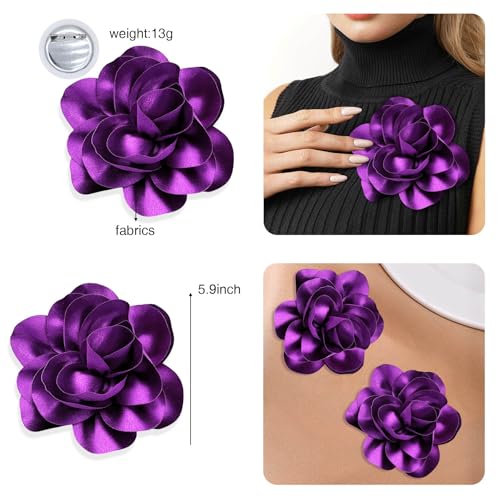 Image of 2Pack 6inch Extra Large Satin Brooches Lapel Pins Dainty Elegant Fabric Camellia Rose Flower Brooch Pin for Women Wedding Part Dance Clothes Accessories Jewelry