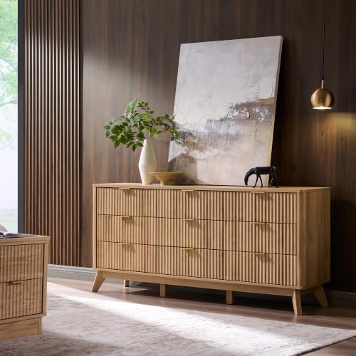 Image of T4TREAM 63 inch Wide Fluted 9 Drawer Dresser for Bedroom, Natural Oak | Mid Century Modern, Curved Profile, Metal Handles, Anti-tip Kit, Smooth Slides, for Living Room, Hallway