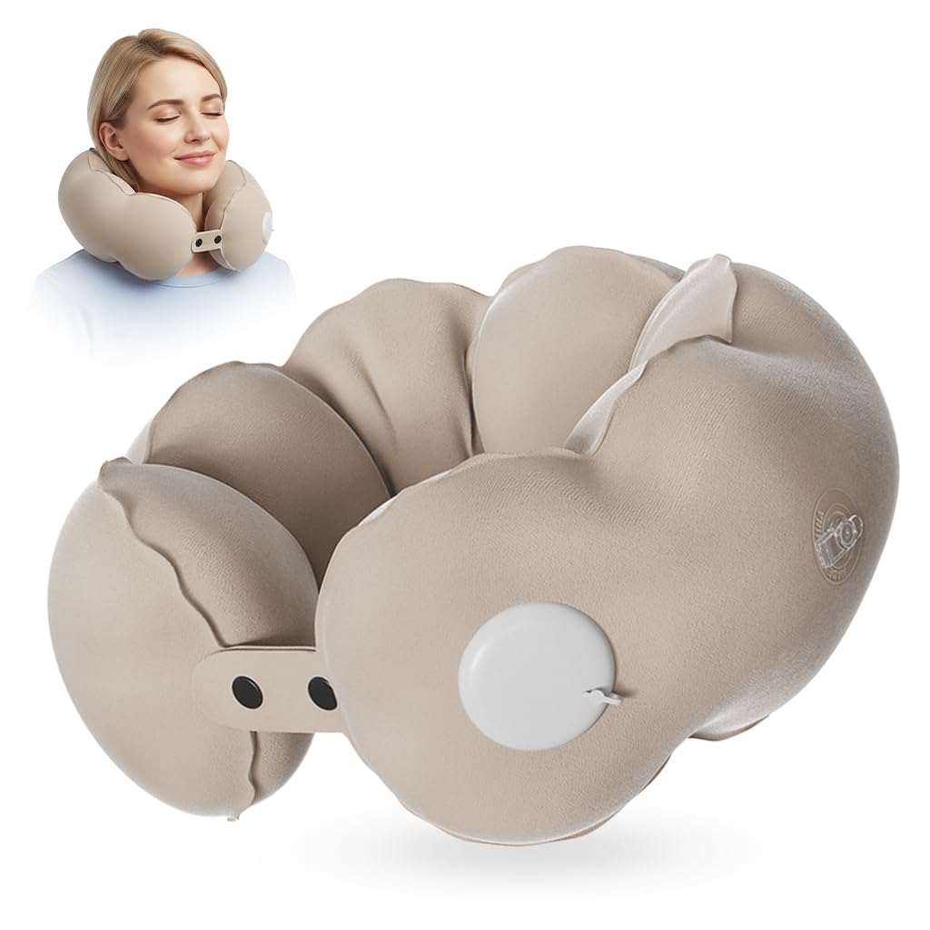 HANNEA® Inflatable Air Cushion Travel Neck Pillow, Ultra Soft Flocking Coated Neck Support Pillow, Compact & Ergonomic Neck Rest Cushion Pillow for Airplane, Car, Train, and Office