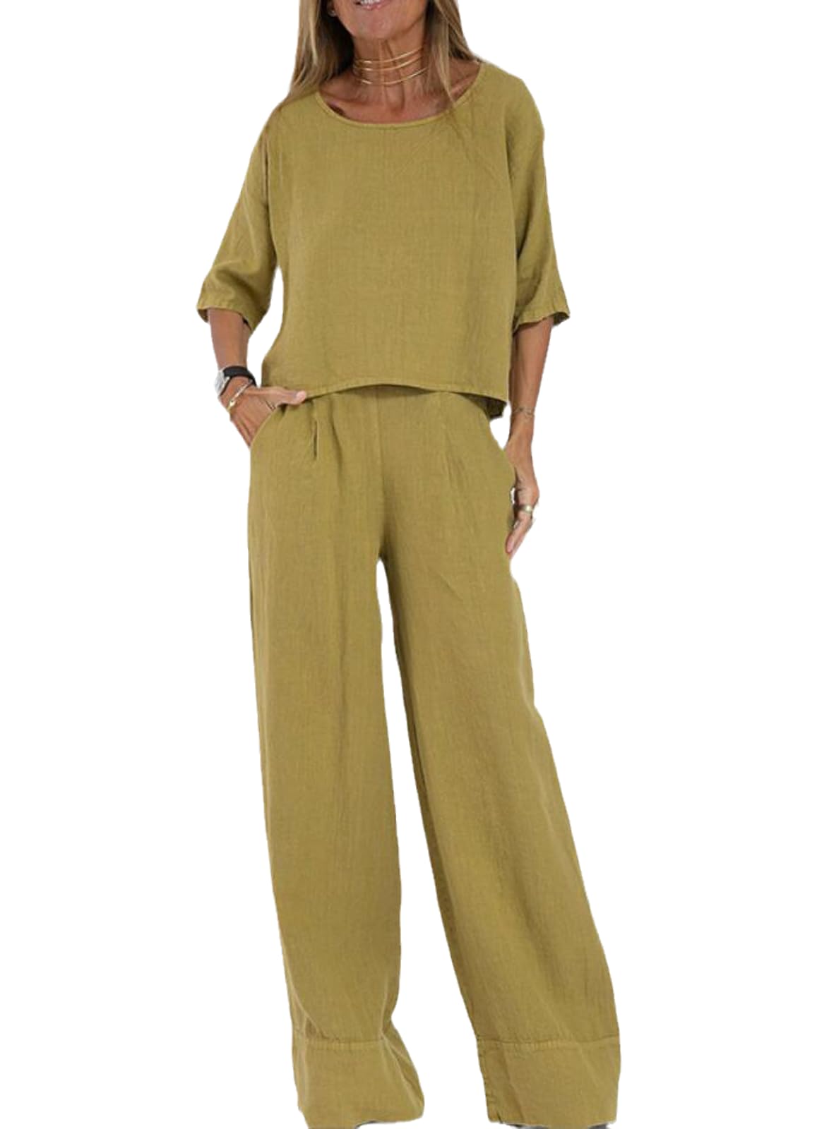 Women's Casual Cotton Linen Tracksuit Set Summer Solid Color Half Sleeve Linen Shirt & Pants Two Piece Set