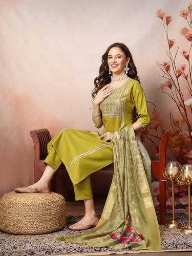 Image of Stylum Women's Embroidered Cotton Blend Straight Kurta Pant with Dupatta