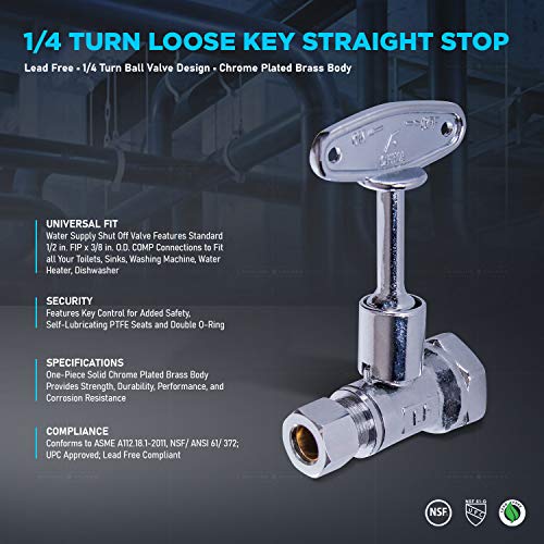 Image of Midline Valve 92112QS-OM-5 Water Supply Stop Valve with Quarter Turn Control Key; Straight Shut-off for Toilet, Sink, Dishwasher; 1 /2'' FIP x 3 /8'' Compression ; Chrome Plated Brass (5 PK)