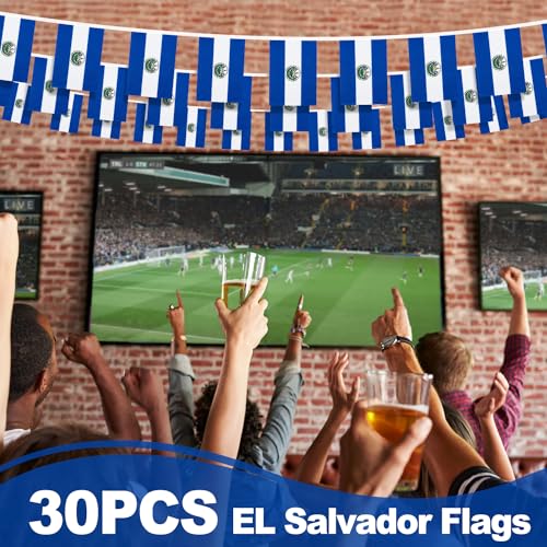Image of El Salvador String Flag Pennant Banner, Small Mini Salvadoran Flags Bunting Banner, National Country Decoration for School, Party, Sports Events, Patriotic Festival, 33 Feet 30 Flags